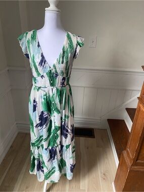 Anthropologie Green, Purple & White Brushstroke Peregrine Midi Dress